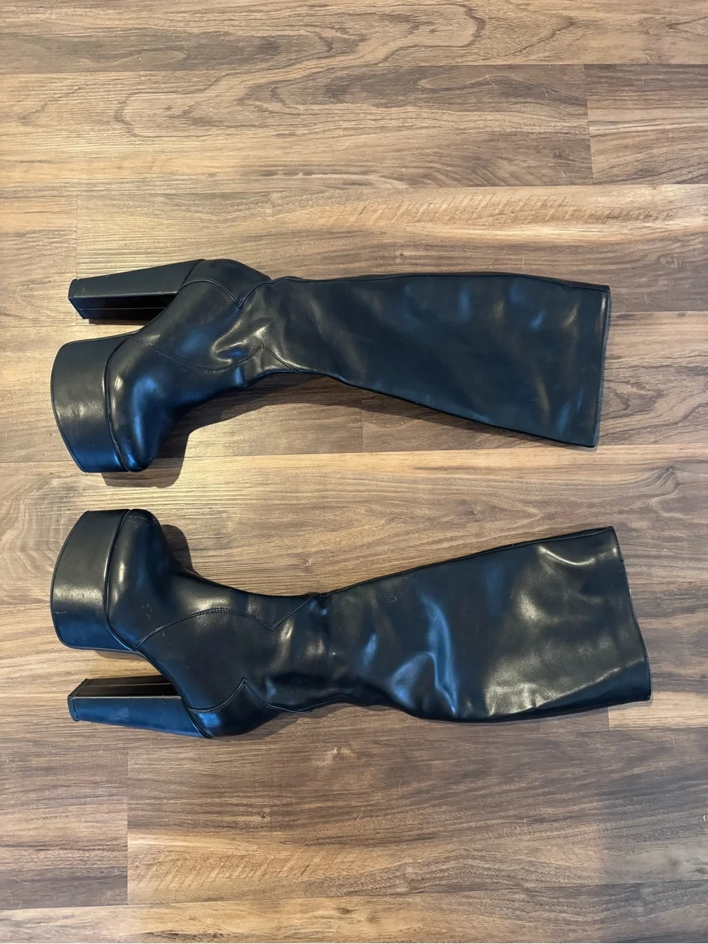 Black Platform Knee-High Boots with High Block Heel